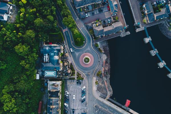 aerial view of road and marina